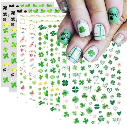 8Pcs St. Patrick's Day Nail Art Stickers,Green Shamrock 3D Self-A...