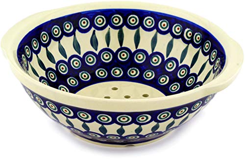 Polish Pottery 10-inch Colander (Peacock Leaves Theme) + Certificate of Authenticity