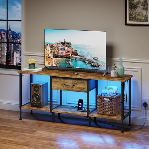 OYRREU Mueble de TV con Enchufe, Mesa Television con Iluminación LED, Cajón de Tela y Estantes, Mueble Bajo Salon de 120 cm para TV de hasta 55″, para Sala de Estar y Dormitorio, Marrón Rústico