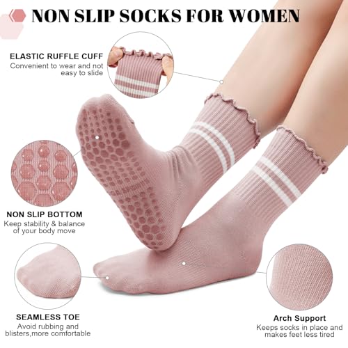 Image of American Trends Pilates Crew Socks for Women with Grips, Non Slip Ruffle Sock for Yoga Barre and Workout