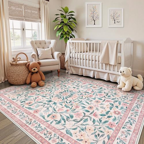 Image of Collive Pink 5x7 Floral Area Rug, Machine Washable Rug for Bedroom Girls, Boho Non Slip Soft Ultra Thin Throw Indoor Rugs for Living Room Nursery Kids Playroom Dining Dorm
