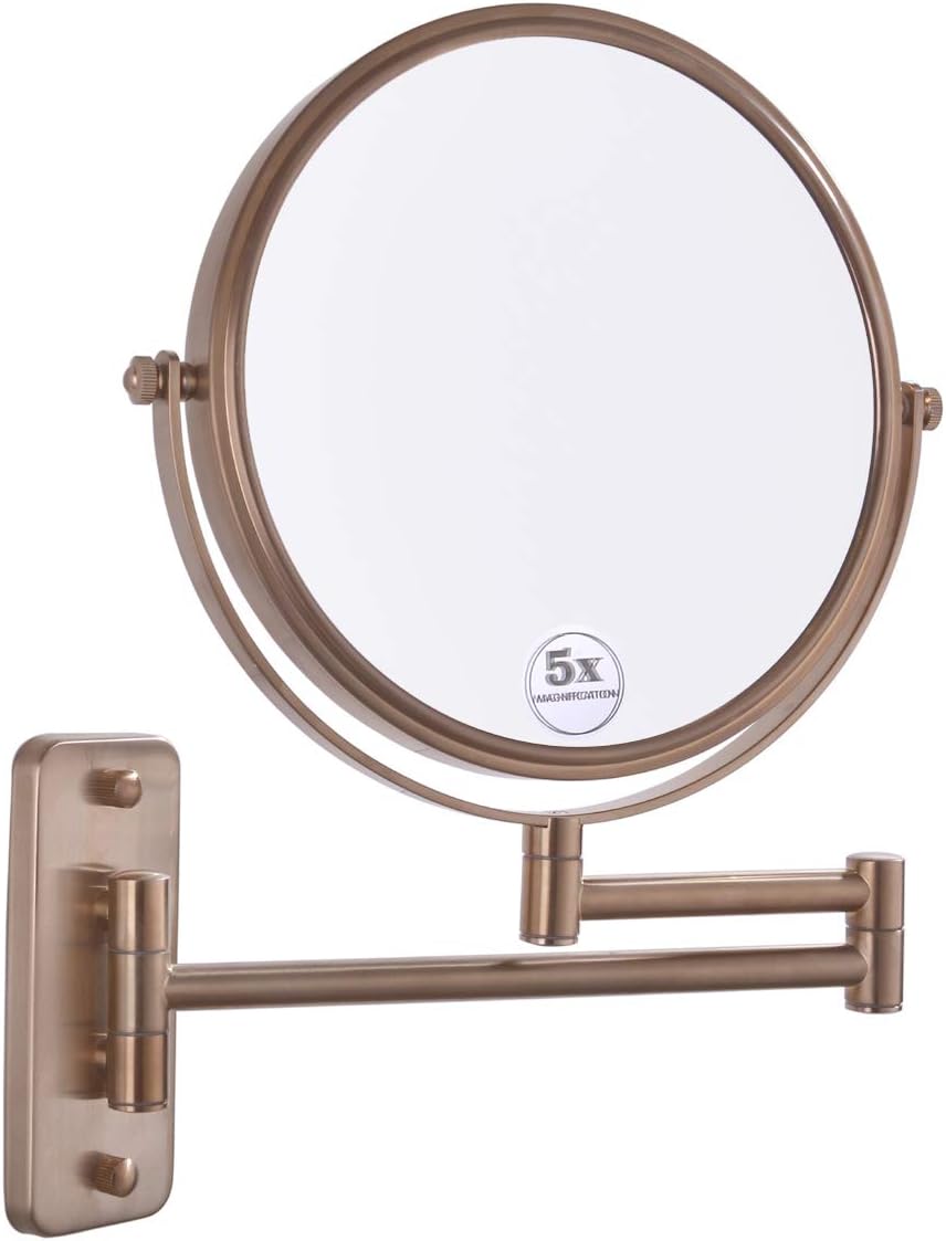 BESTILL 8 Inch Two-Sided Swivel Wall Mounted Make-up Mirror with 5x Magnification, Champagne Bronze
