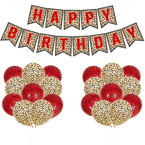 Image of Cheetah Print Birthday Decorations Leopard Happy Bday Banner Red Brown and Cheetah Print Latex Balloons for Girls Women Safari Wild Animal Birthday Party Decor Supplies