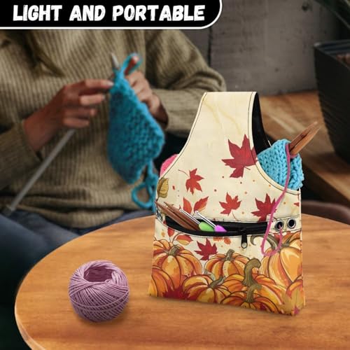 Image of KUIFORTI Maple Leaf Yarn Bag Crochet Tote Bag Pumpkin Yarn Storage Organizer Travel Wrist Tote Comfortable for Crocheting Lightweight for Knitting Accessories Fall Gifts