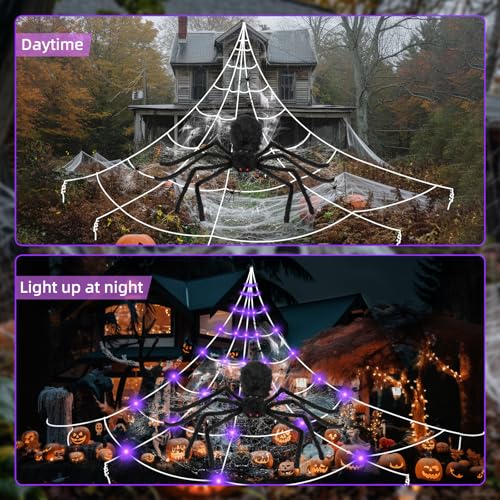 Spider Webs Halloween Decorations Outdoor Lights, 250 LED 16.4ft Halloween Spider Web Lights with 6.5ft Giant Spider,8 Modes, Waterproof Outdoor Decoration Indoor Party Garden Home Costumes