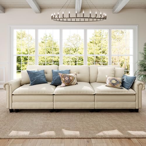 Image of SUNSHINE VALLEY 103.1 inch Modular Sectional Couch for Living Room Deep Seats | Mid-Century Modern 3-Seater Cloud Sofa, Beige, Rolled Arms & Nailhead Trim, Wider & Deeper Seats, Soft Chenille