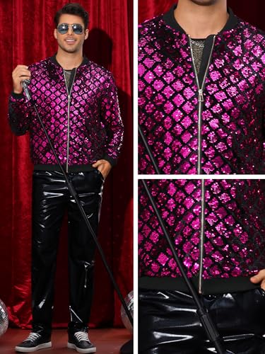 Image of Lars Amadeus Argyle Sequin Bomber Jacket for Men's Party Club Shiny Baseball Varsity Jacket