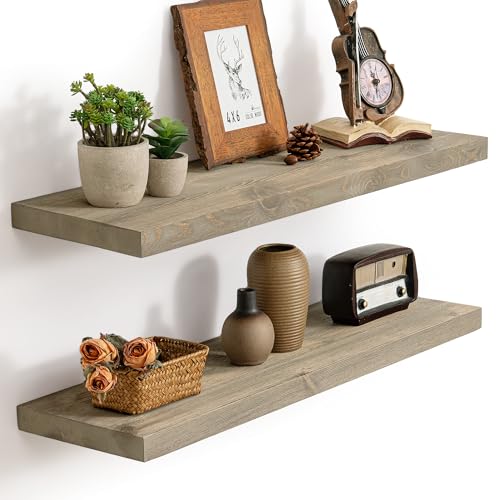 Image of Marsmiles 30 Inch Floating Shelves | 9.3 Inch Deep Grey Wood Wall Shelves Set of 2 | Rustic Reclaimed Wood Shelves for Room Wall | Farmhouse Floating Shelves for Living Room Bathroom