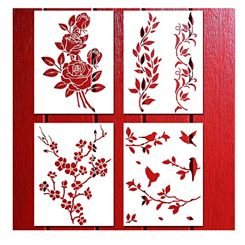 4PCS Cherry Blossom Rose Bird Stencil Tree Branch Stencils Vines Leaf Stencil Floral Flower Stencils for Painting on Wood Reusable Paint Stencils for Wood Furniture (A4 Size)