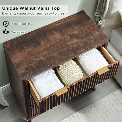 Image of T4TREAM Fluted 3 Drawer Dresser, 32 inch Tall Modern Chest of Drawers, Curved Profile Design, Wood Drawer Organizer for Bedroom, Living Room, Hallway, Entryway, Dark Walnut