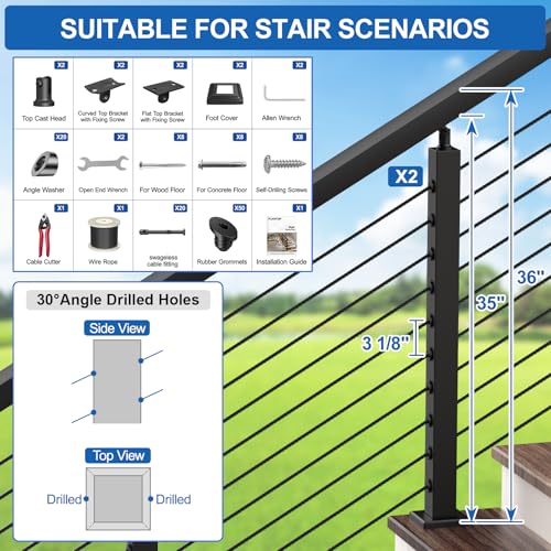 Image of 4FT-10FT Complete Set Stair Cable Railing Kit, 36 inch Black Swageless Cable Railing Kit Includes 2Pack Angle Stair Posts(35 inchx2 inchx2 inch) for 25-35 Stair, 150FT 1 /8 inch Wire Rope,MY06-SP