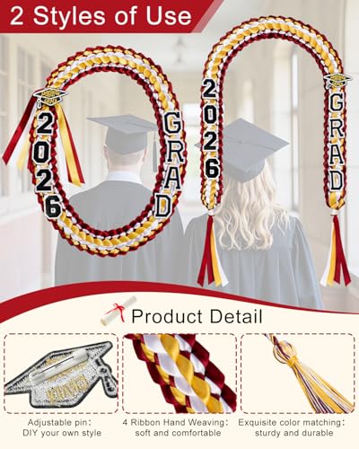Image of Yigney Graduation Lei Set Class of 2026 Grad Ribbon Leis with Honor Cord Double Braided Graduate Leis for Men Women Red Gold White
