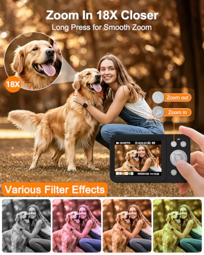 Image of Digital Camera, 5K 80MP Dual Screen, Auto Focus for Beginners Teens | Point and Shoot Camera with 18X Zoom, 32GB Card & 2 Batteries, Great Travel Vlogging Camera for YouTube, Black