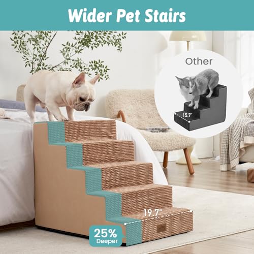Image of COZY KISS Dog Stairs for Small Dogs 5-Step, 19.7 inch Extra Wide Right-Angle Pet Stairs for Couch and Beds, Anti-Slip Dog Steps for Old Cats and Lowrider, 19.7x29.5x23.6 inch, Light Brown