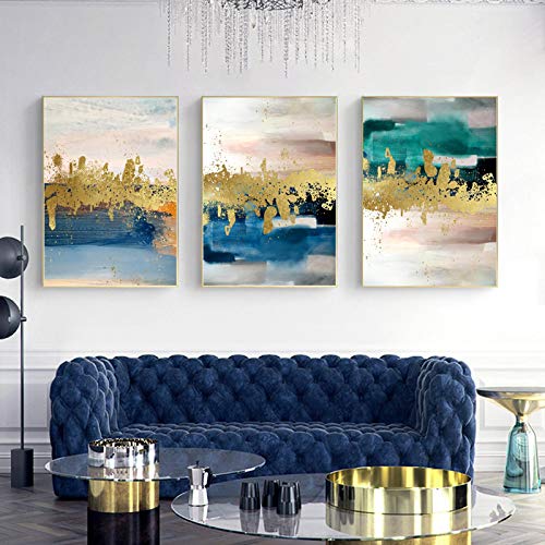 Affiche abstrait doré vert bleu pour salon moderne - Toile murale contemporaine 50x70 cm