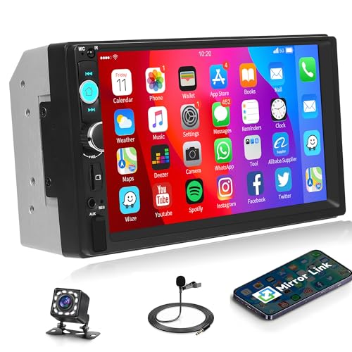 7 Inch Car Stereo Double Din Car Radio Touch Screen Bluetooth Handsfree Mirror Link USB SD FM Multimedia Radio with Steering Wheel Control Rear View Camera Car Audio Receivers