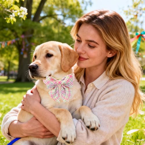 Image of DOGWONG Easer Dog Collar with Sailor Bow,Colorful Plaid Dog Collar, Adjustable Durable Soft Easter Dog Collars for Male Female Dogs,S