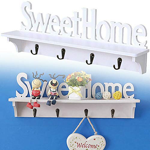 HomLand Wooden Wall Mount Rack DIY Sweet Home Storage Shelf Hooks Bedroom Hanger Holder for Home