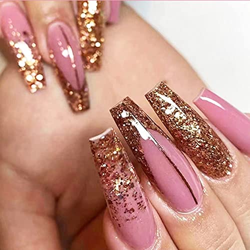 MENGSOOD 24PCS Press on Nails Tips-Coffin Ballet Long Shiny Gold Powder Fake Manicure Full Cover Reusable Opaque Soft Gel Made Prefect & Natural Fit Medium Length for Women and Girls (Golden Line)
