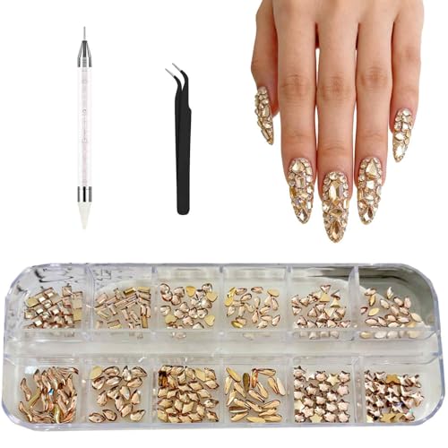 1 Set Rhinestones Nail Art Set, 220 Golden Accessories with Nail Art Pen and Tweezer, DIY Nail Art Kit for Creative Manicure, Nail Art Tools for Professional and Home Use