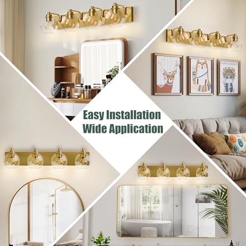 Image of 4 Light Bathroom Light Fixtures-Brushed Gold Bathroom Vanity Lights, Modern Vanity Lights 4-Light Bathroom Lighting Fixtures Over Mirror with Clear Glass Globe Shade