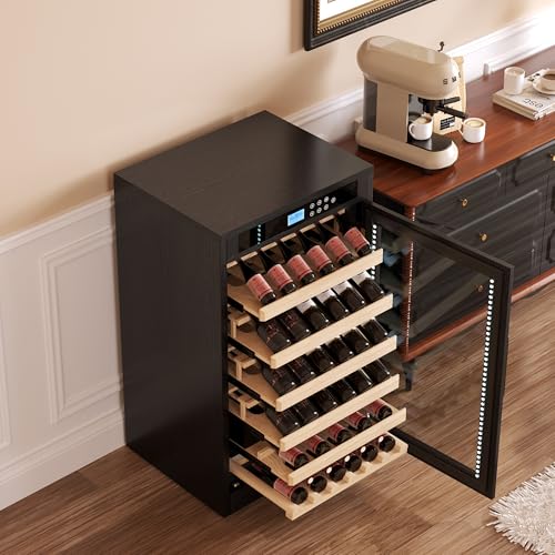 Image of KEIKI Freestanding Wine Refrigerator with Wood Cabinet, 69 Bottle Single Zone Wine Cooler, Humidity Control Tempered Glass Door, LED Light Lockable Pull-Out Shelves, for Home Bar Dining, Black