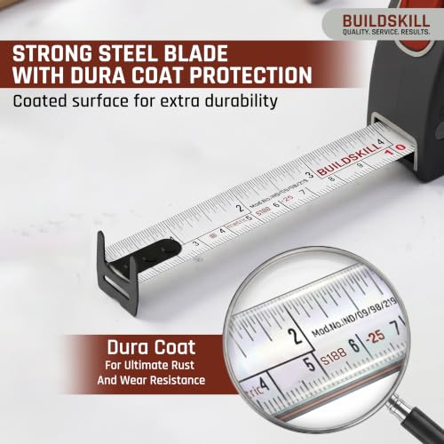 Image of BUILDSKILL 5 Meter Auto Lock Measuring Tape | Double Hook & Double Sided 19MM Wide Steel Measuring Blade | TPR Soft Grip & Unbreakable ABS Body | Belt Clip & Hand Strap for DIY & Professional Use