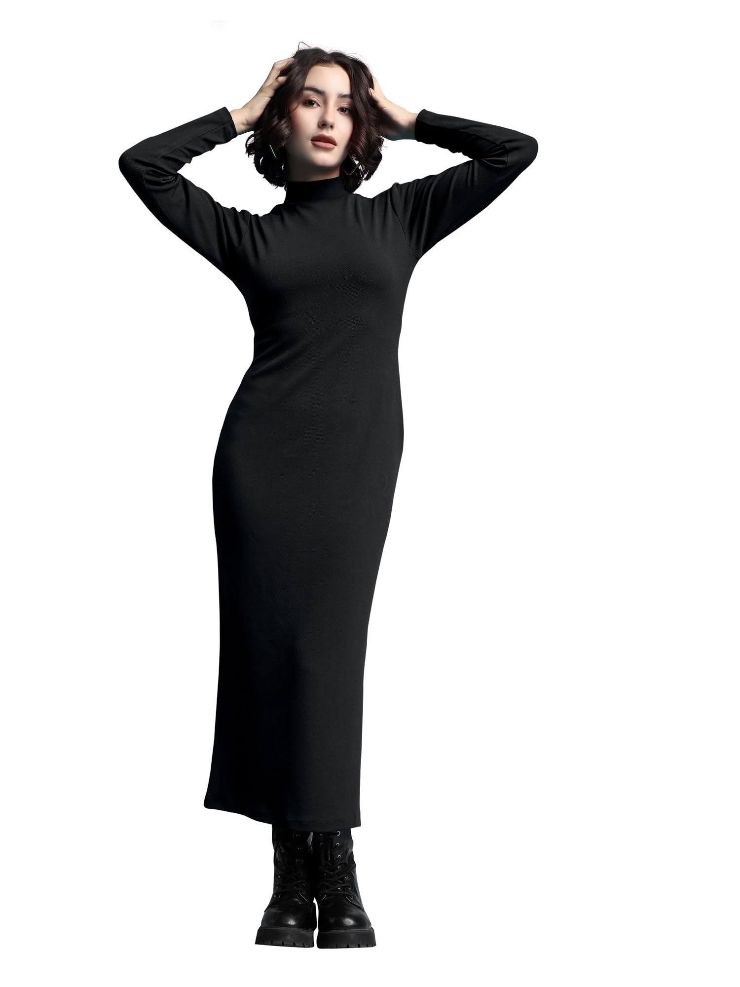 milost Women's Bodycon Midi Full Sleeve Turtle Neck Solid Dress-picture-0