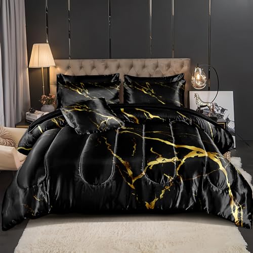 Merryword Black Gold Marble Comforter King Size with Sheet Set 8 Pcs Bed in A Bag Satin Bedding Set Luxury Hotel Silky Bed Home Decor