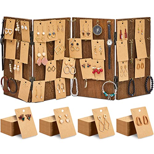 101 Pcs Foldable Wooden Jewelry Display Stand 64 Hooks Earring Display Rack for Selling Earring Display Cards 4 Panel Wood Jewelry Display Bracelet Organizer with Earring Cards for Business Home Using