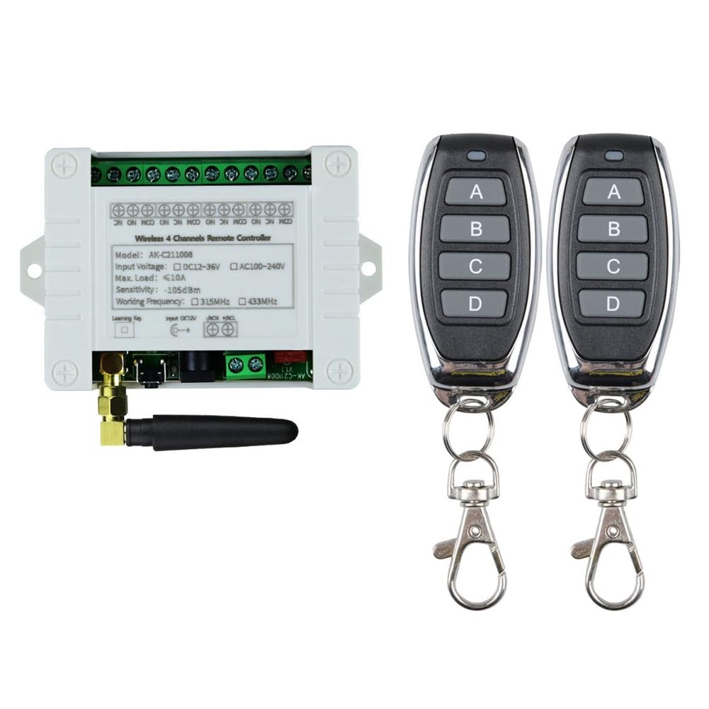 Buerjia DC 12V 24V 36V 10A 433MHz 4 Channel Wireless Relay Remote Control Switch Receiver+4CH Transmitter,1 Receiver 2 Remote