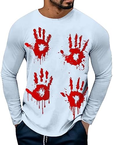SKRK Shirt White Men’s Halloween Horn Print T Shirt Long Sleeve Crew Neck Top T Shirt Shirt White