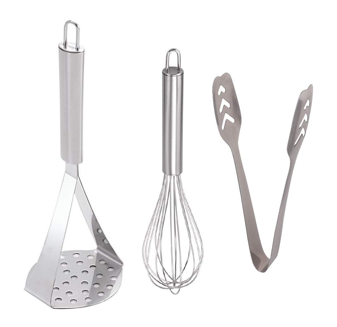 Combo 3 Pieces Set of Stainless Steel of Potato Masher, Egg Whisk & Stainless Steel Momo Tong