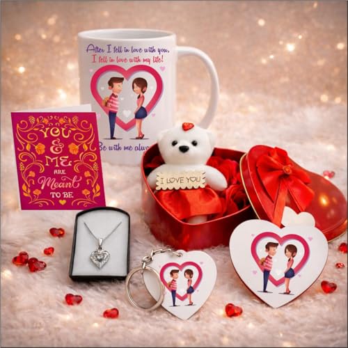Image of PICRAZEE Romantic Gift Combo (Mug, Heart Pendant, Teddy with Rose, G-Card, Magnet, K-Ring) Love Gift for Girlfriend, Boyfriend, Husband, Wife