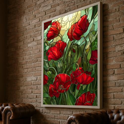 Toile fleurs rouges peinture artistique sur toile effet vitrail décoration haut de gamme