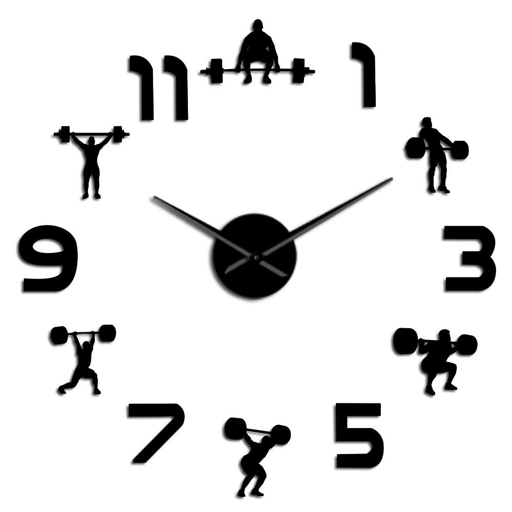 VCS Weightlifting Fitness Room Wall Decor DIY Giant Wall Clock Mirror Effect Powerlifting Frameless Large Wall Clock GYM Wall Watch(Black,27inch)