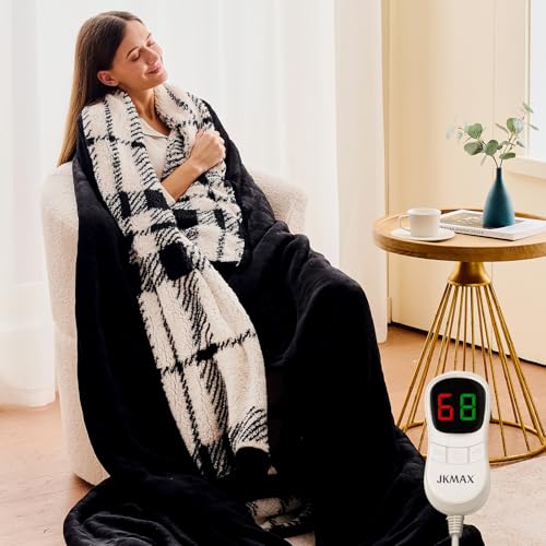 JKMAX Heated Electric Blanket Queen Size - 84"x90" Flannel Heating Blanket with 10 Heating Levels & 5 Time Settings Over-Heat Protection, Winter Warmer for Adults with ETL Certification(Black)