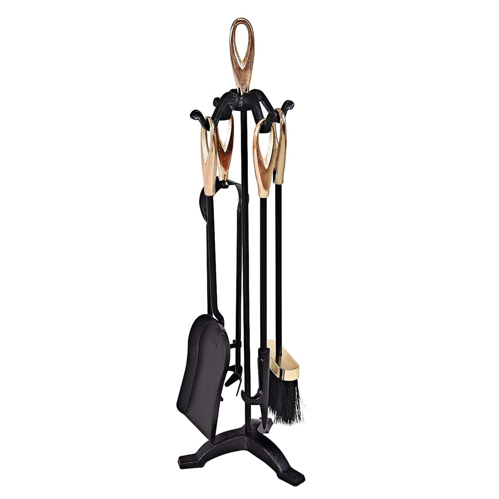 Set di Attrezzi per Camino, 5 Pezzi, Set di Attrezzi in Ferro battuto Rustico Nero con Manico Dorato, Include Accessori per braciere a Soffietto e Supporto per caminetto