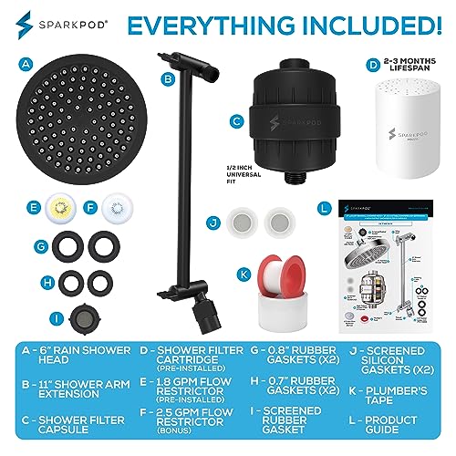 Image of SparkPod Filtered Shower Head & 11 inch Shower Arm, 6 inch Round, Black Matte