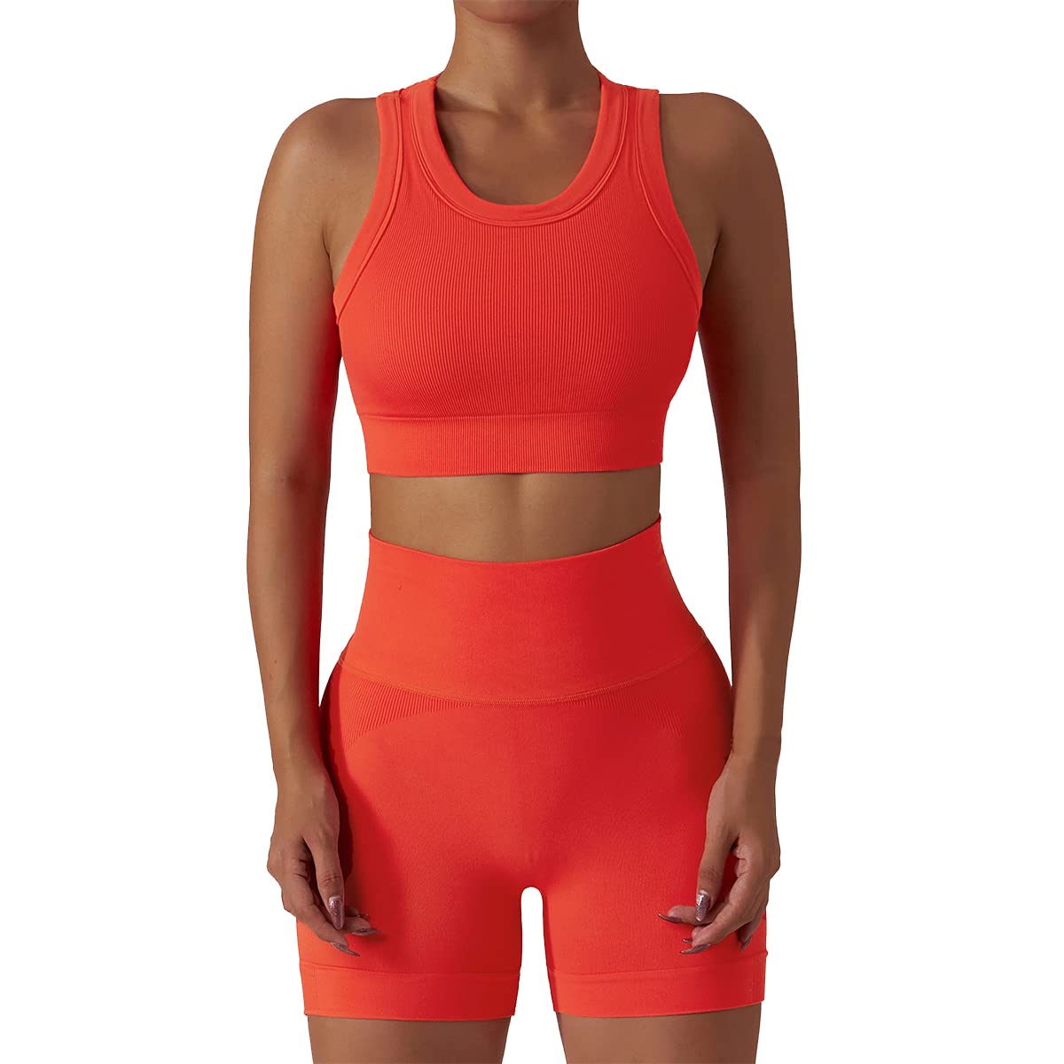 Workout Sets for Women 2 Piece Seamless Ribbed Tank Top Sport Bra High Waist Biker Shorts GYM Yoga Exercise Outfits