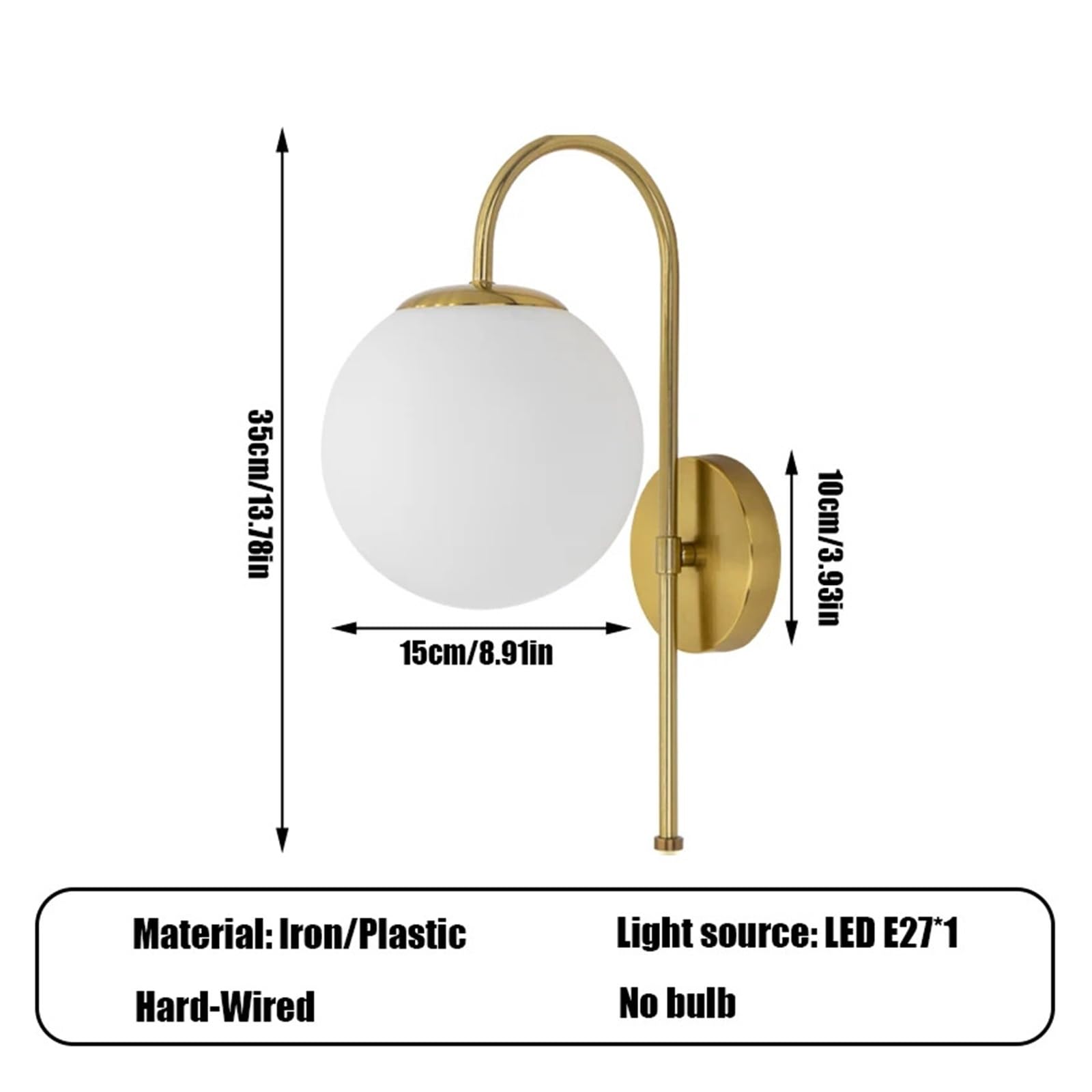 Lámpara de pared de hierro con pantalla de plástico, lámpara de noche sencilla, luz de lujo for dormitorio, sala de estar, pasillo, bombilla E27(Gold)