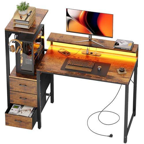 SOLAVERO Escritorio Gaming con LED y Enchufe Integrado, 112cm Mesa Gaming Reversible con Estanteria & Cajones de Tela, Mesa Ordenador con Soporte para Monitor y Gancho para Auriculares, Marrón Vintage