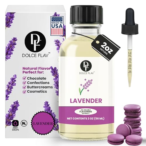 Dolce Flav Natural Lavender Extract – 2 Ounce Oil-Soluble Kosher, Sugar-Free, Concentrated Floral Lavender Flavoring For Baking, Chocolates & Desserts, Includes Measured Dropper