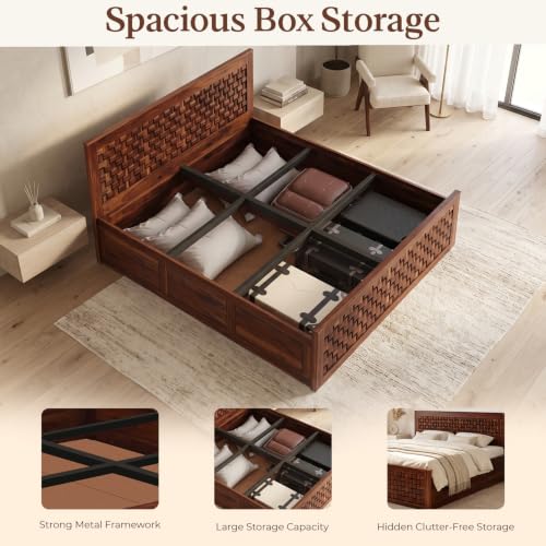 Image of WOODLAB Furniture Solid Sheesham Wood Niwar King Size Bed with Box Storage Wooden Double Bed Furniture Palang for Bedroom Living Room Home (Honey Finish)