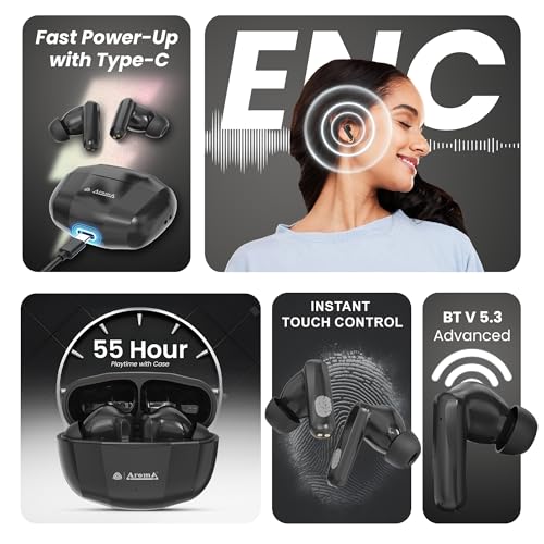 Image of AROMA TWS4 Jaguar V5.4 True Wireless Earbuds, Carbon Black | Up to 60H Playtime, ENC, Fast Charging, Heavy Bass, Bluetooth