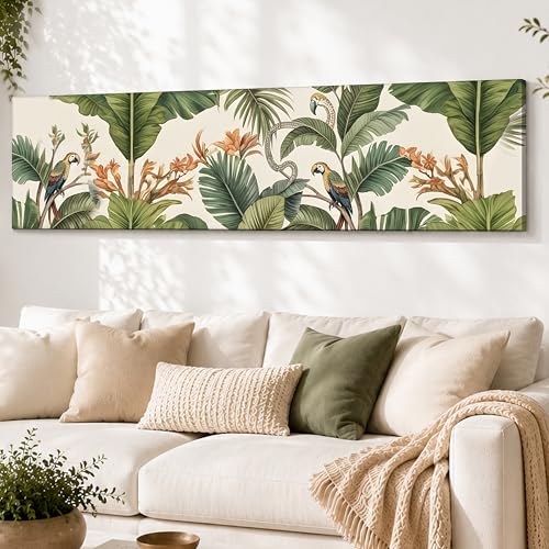 Image of Green Tropical Botanical Canvas Framed Wall Art Painting For Living Room, Green Tropical Leaves & Parrots Painting With Frame Leaf & Bird Nature Wall Art For Home & Office, 12x46 Inch