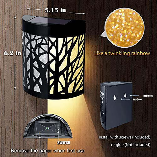 DenicMic Solar Wall Lights Outdoor Fence Solar Lights for Deck Patio Stairs Step Backyard LED Forest Night Lights, Waterproof, Warm White/Color Changing (2 Pack)