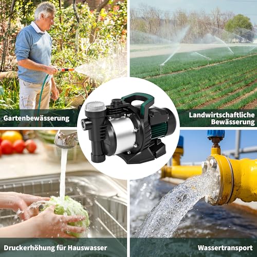 LANCHEZ Gartenpumpe 5000 l/h Fördermenge, Leistung 1300 W, Förderhöhe 50 m, Mit Filter, Wasseranschluss und Ablass, Ansaughöhe bis zu 7 m, Wasserpumpe für Regenfässer, Zisternen, Gartenteiche