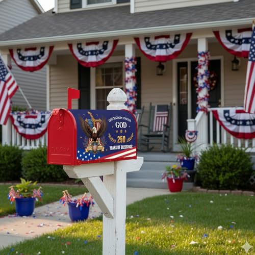 Inisajace 250 Anniversary USA Mailbox Covers Magnetic, America 250th Post Letter Box Cover Wraps Standard Size 18\" X 21\", Patriotic 1776-2026 One Nation Under God Decor for Outside Garden Yard