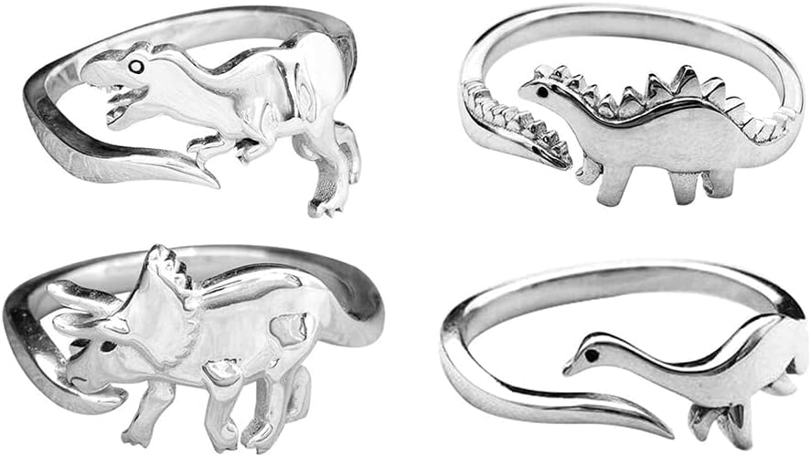 Chereda 4 Pcs Dinosaur Open Adjustable Rings Long-necked Dragon Animal Rings Stegosaurus Ring Jewelry Gift for Women Girls